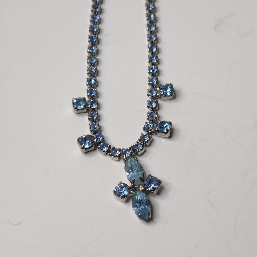 vtg art deco sea blue rhinestone cross necklace mcm hook close 50s 60s unmarked